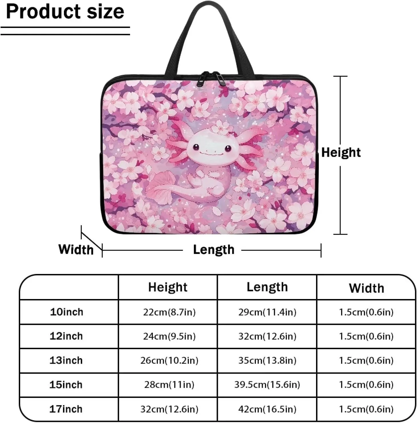 10-17 Inch Axolotl Cherry Blossom Laptop Sleeves for Women, Protective Tablet Carrying Case with Handle, Laptop Tote Bags Notebook Messenger Briefcase for Travel/Business/School