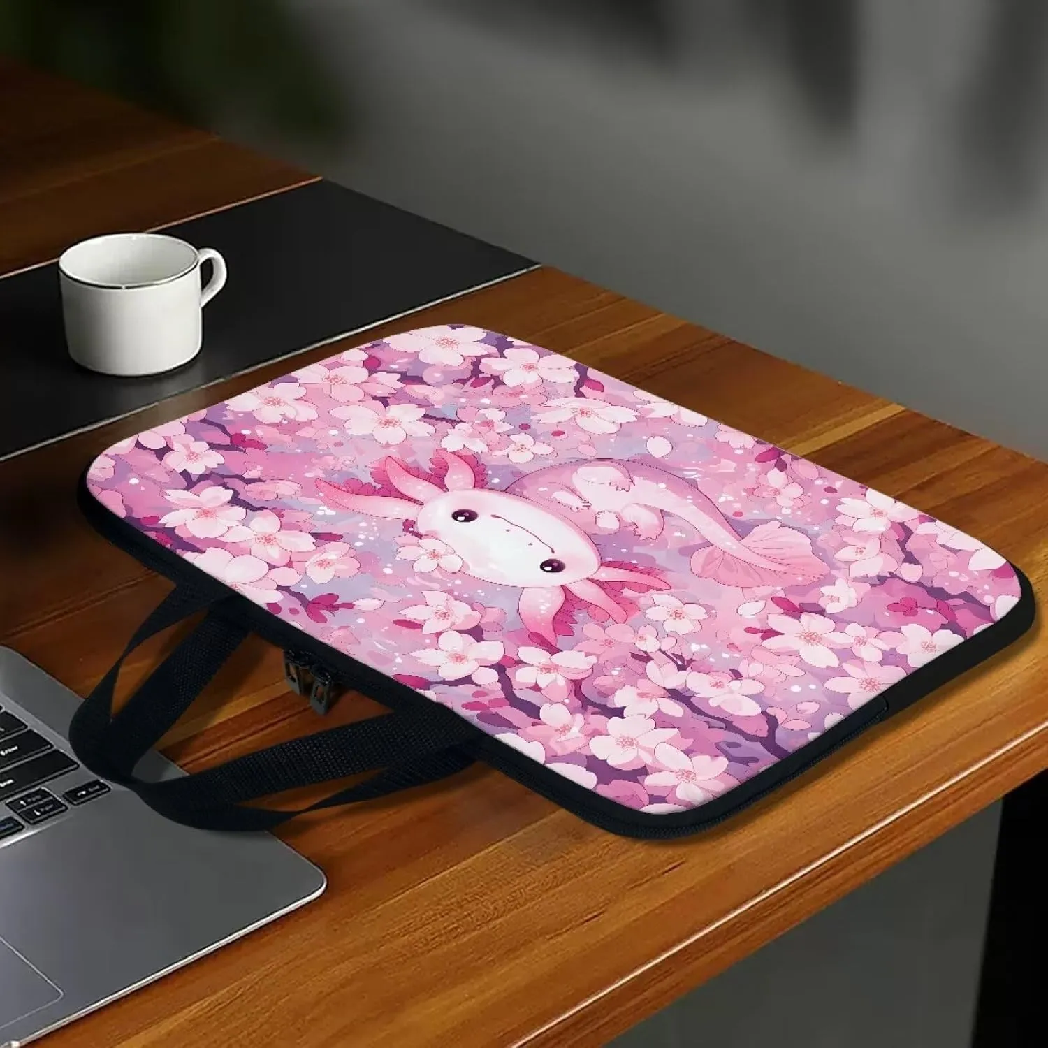 10-17 Inch Axolotl Cherry Blossom Laptop Sleeves for Women, Protective Tablet Carrying Case with Handle, Laptop Tote Bags Notebook Messenger Briefcase for Travel/Business/School
