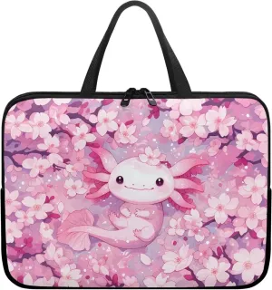 10-17 Inch Axolotl Cherry Blossom Laptop Sleeves for Women, Protective Tablet Carrying Case with Handle, Laptop Tote Bags Notebook Messenger Briefcase for Travel/Business/School
