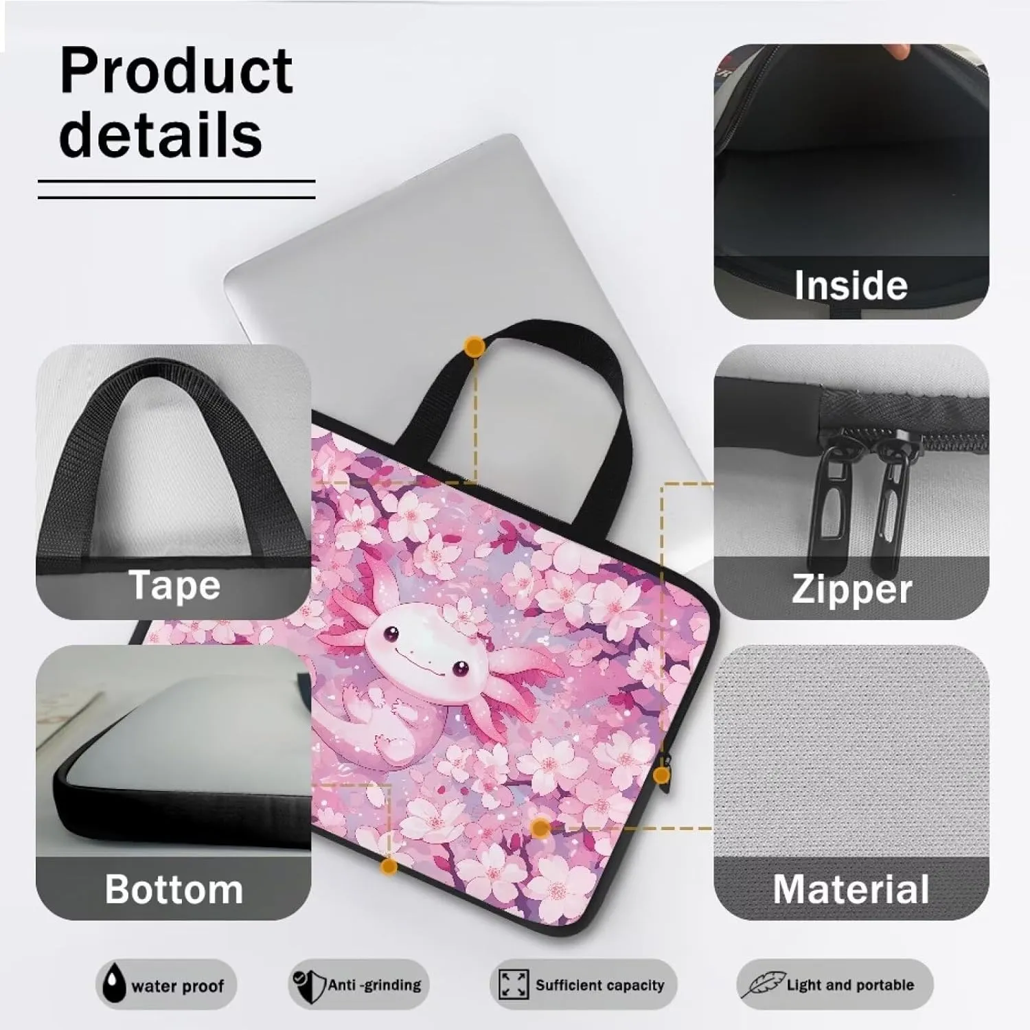 10-17 Inch Axolotl Cherry Blossom Laptop Sleeves for Women, Protective Tablet Carrying Case with Handle, Laptop Tote Bags Notebook Messenger Briefcase for Travel/Business/School