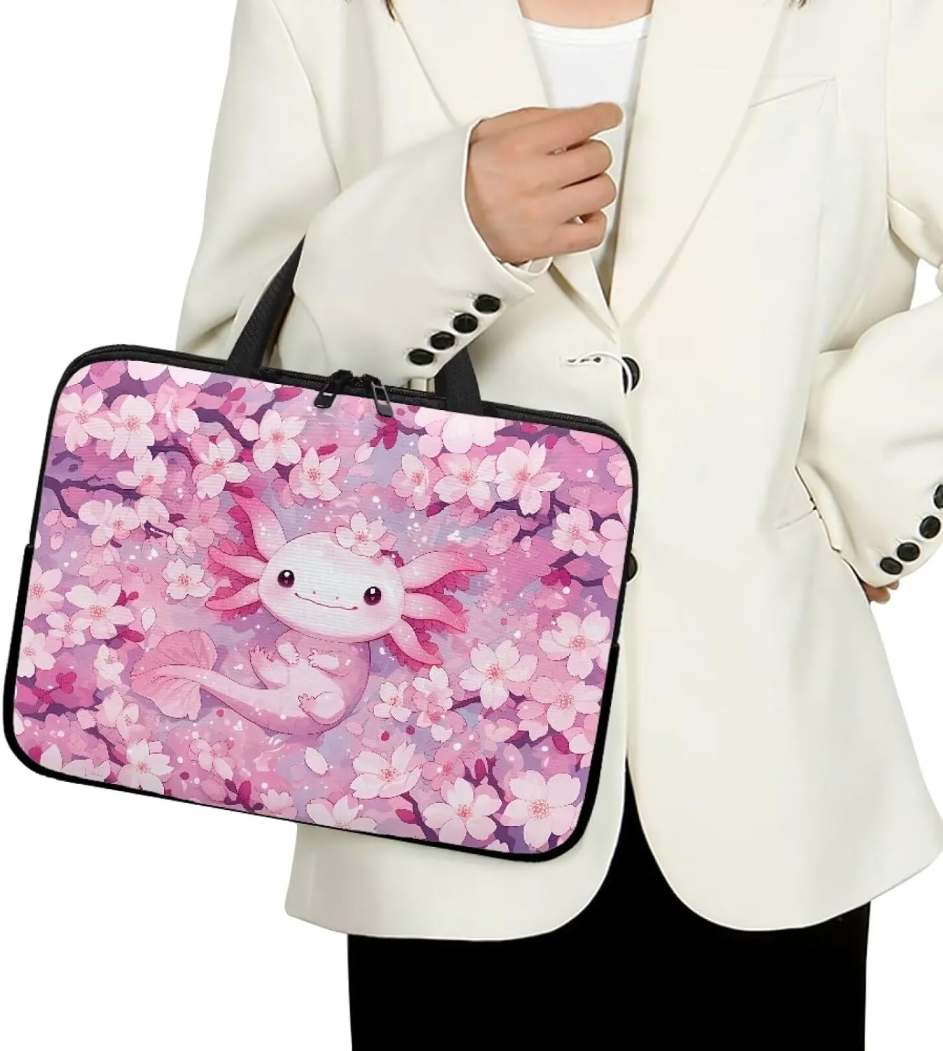 10-17 Inch Axolotl Cherry Blossom Laptop Sleeves for Women, Protective Tablet Carrying Case with Handle, Laptop Tote Bags Notebook Messenger Briefcase for Travel/Business/School