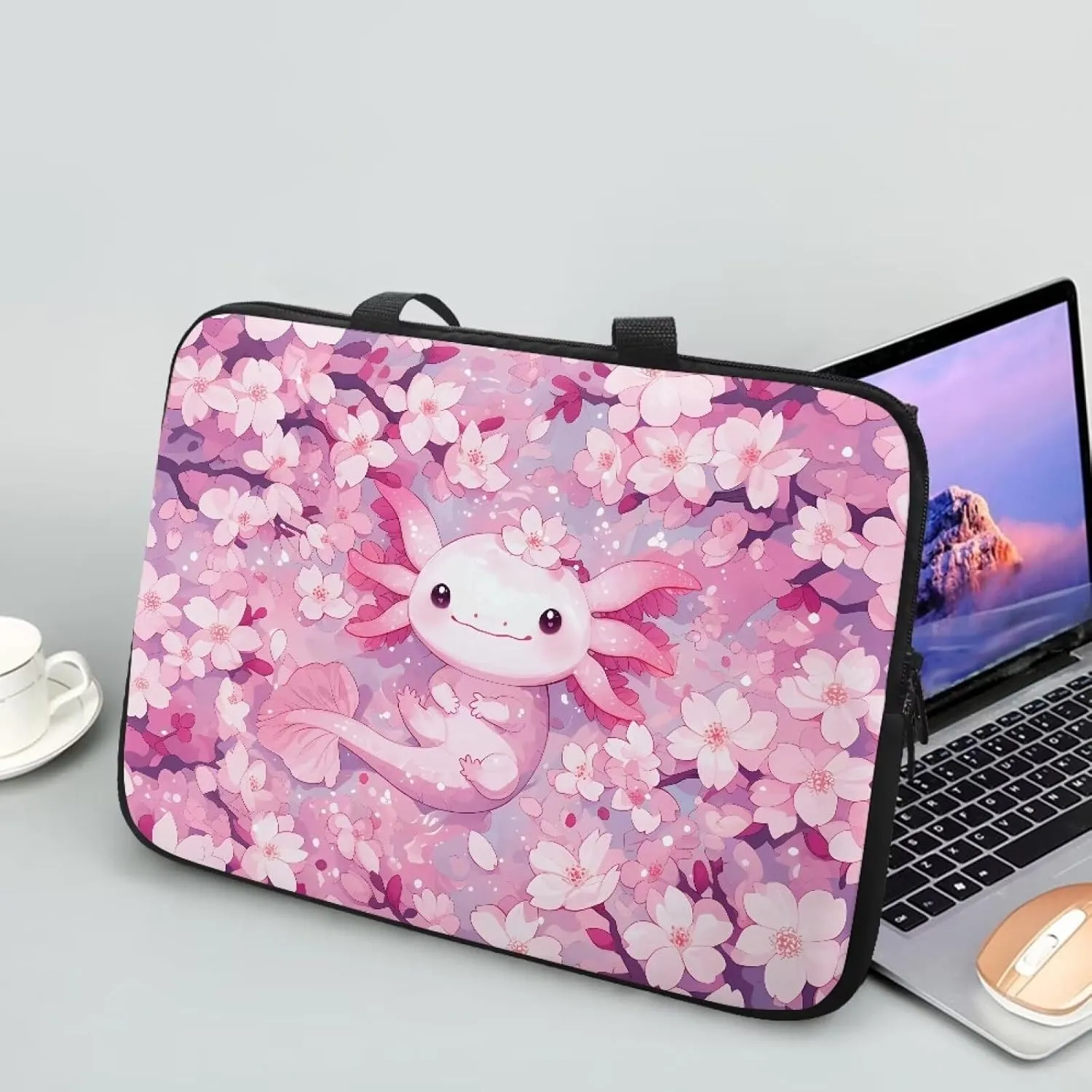 10-17 Inch Axolotl Cherry Blossom Laptop Sleeves for Women, Protective Tablet Carrying Case with Handle, Laptop Tote Bags Notebook Messenger Briefcase for Travel/Business/School