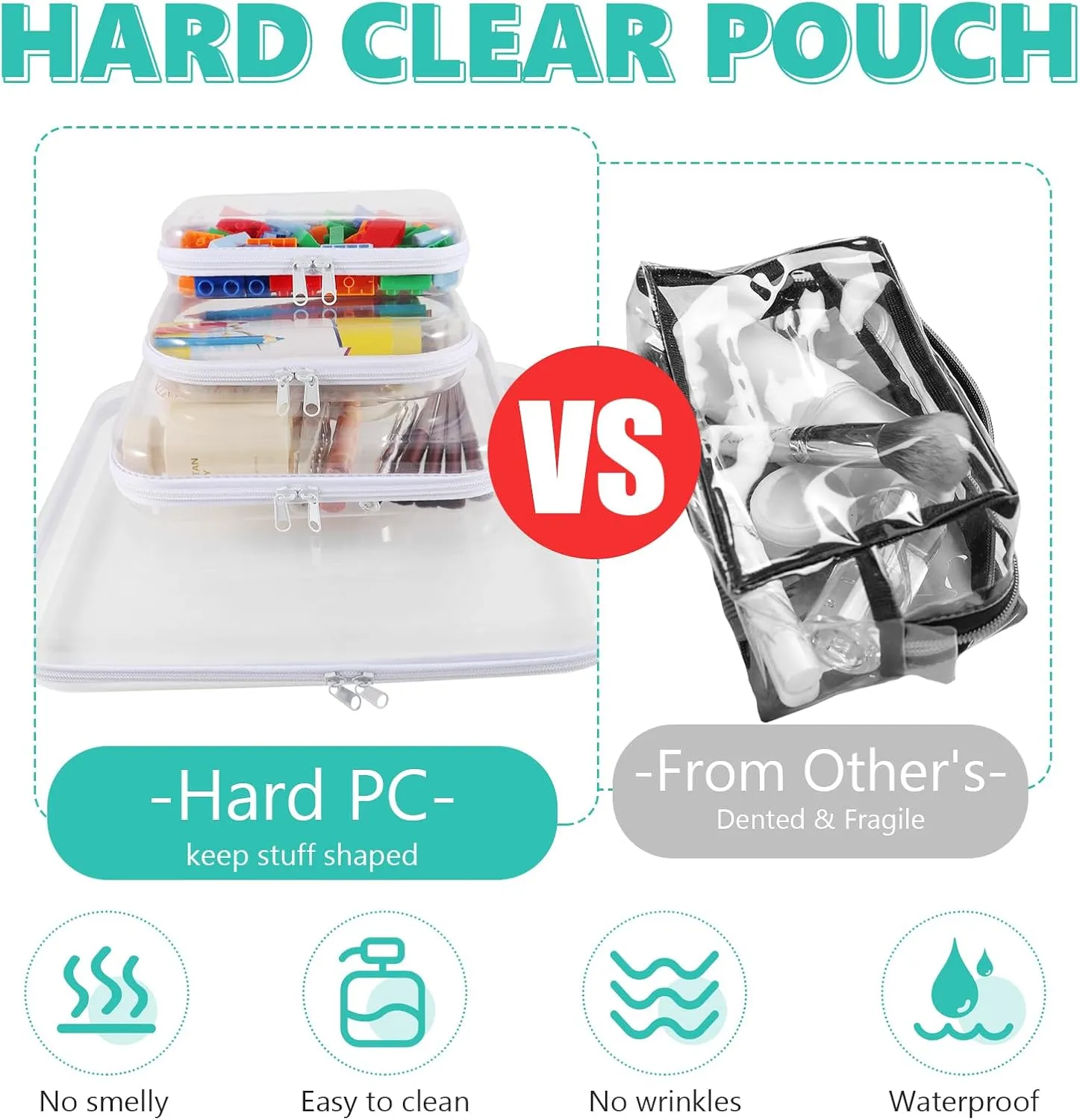 12 Pack Clear Hard Shell Zipper Case Transparent Hard Plastic Zipper Pouches Durable PVC Makeup Bags Cosmetic Snakes Storage Organizer, Portable Box for Travel & Home Essentials