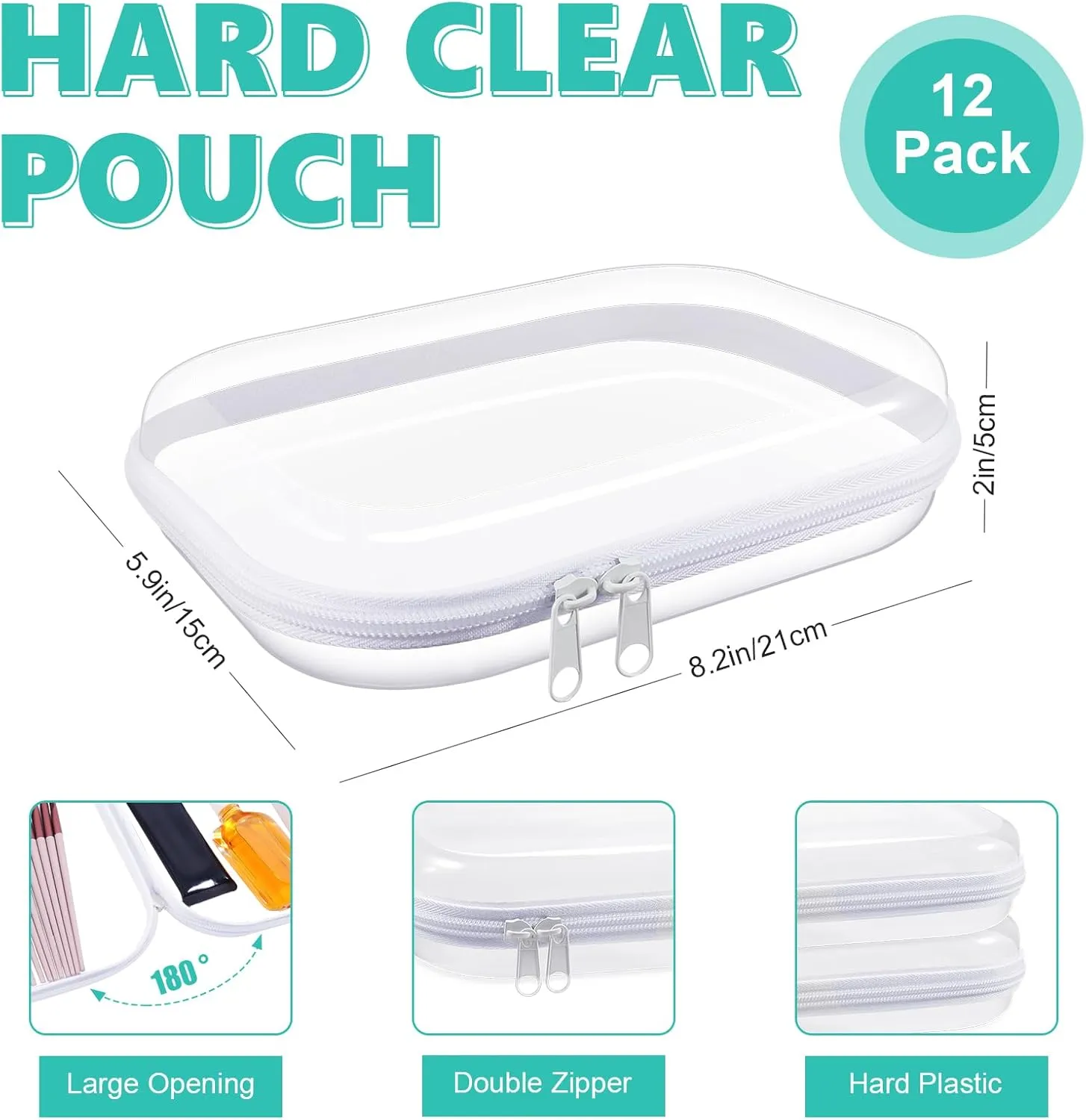 12 Pack Clear Hard Shell Zipper Case Transparent Hard Plastic Zipper Pouches Durable PVC Makeup Bags Cosmetic Snakes Storage Organizer, Portable Box for Travel & Home Essentials