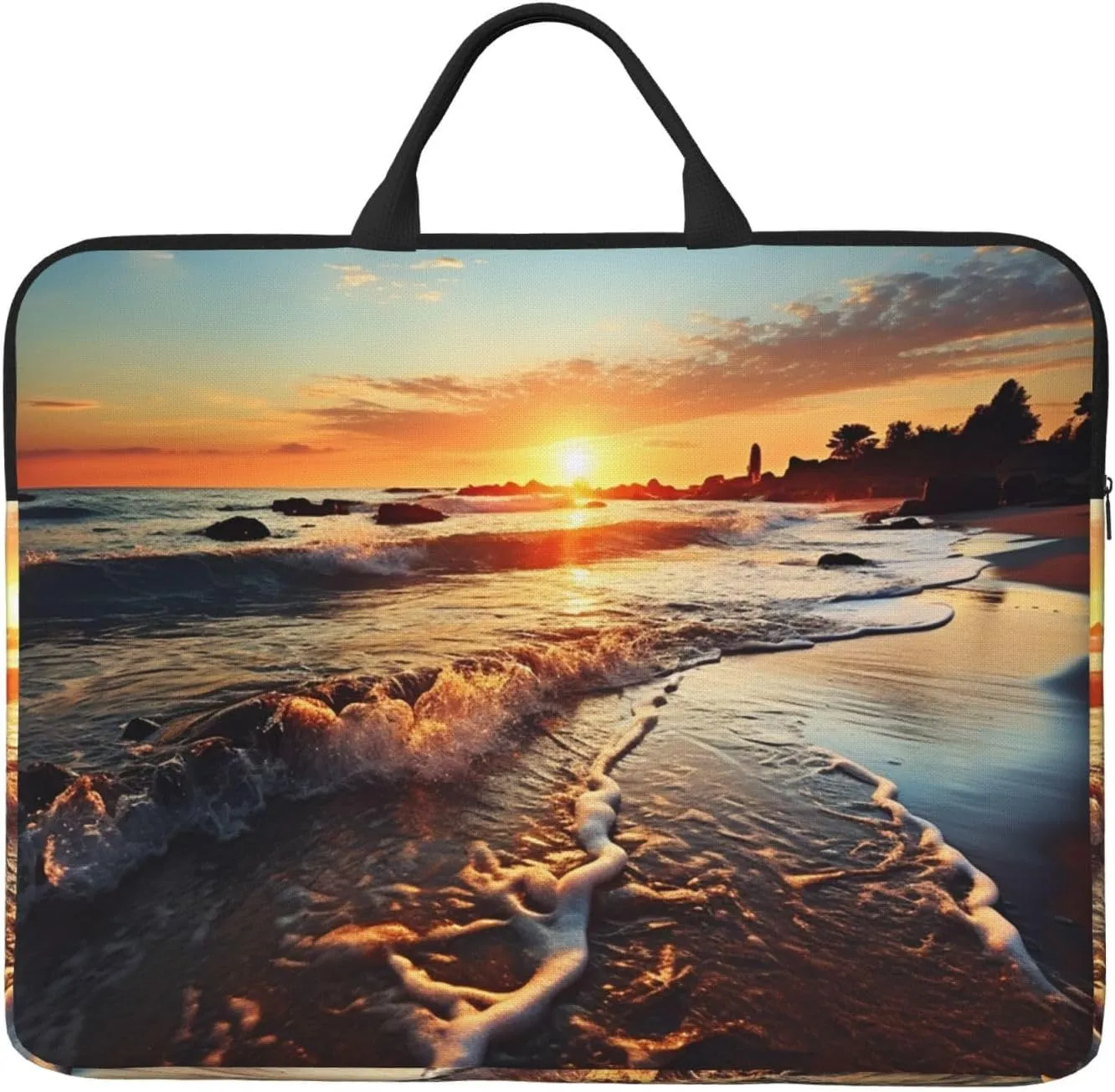 14 Inch Laptop Sleeve Case Waterproof Lightweight Laptop Case BagsSunset View On The Beach Shore Travel Laptop Bag With Handle For Women Men