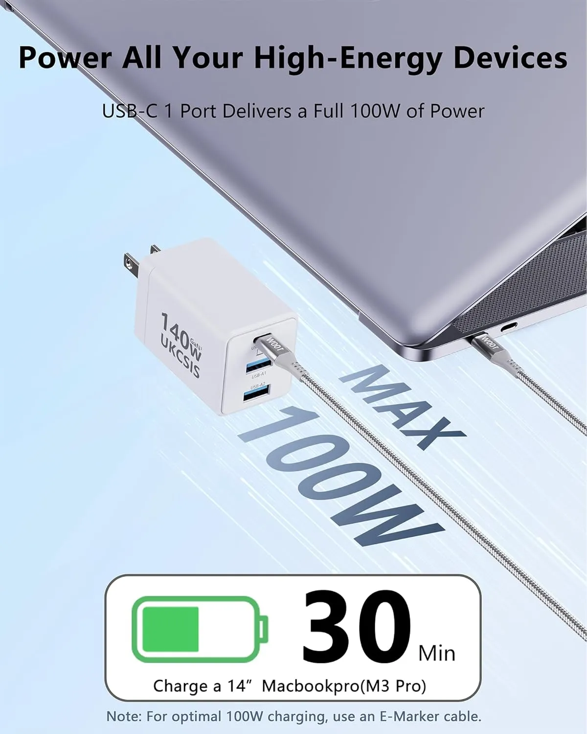 140W USB C Charger Block - UKCSIS 3-Port GaN Fast Chargers, Foldable USB C Wall Charger, Compact 100W Laptop Adapter, for MacBook Pro/Air, iPad Pro, Galaxy S23, iPhone 16/15/Pro, White