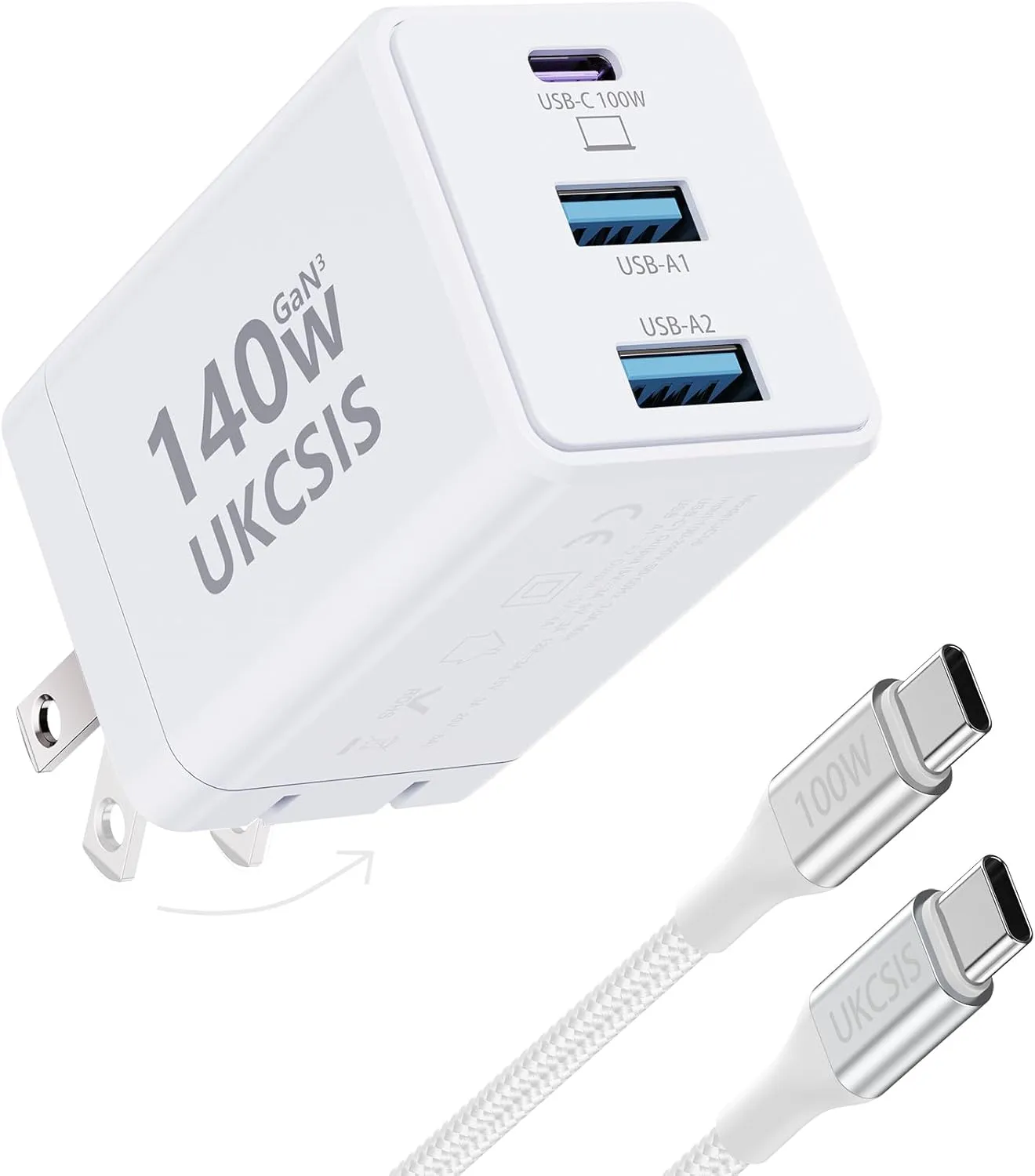 140W USB C Charger Block - UKCSIS 3-Port GaN Fast Chargers, Foldable USB C Wall Charger, Compact 100W Laptop Adapter, for MacBook Pro/Air, iPad Pro, Galaxy S23, iPhone 16/15/Pro, White