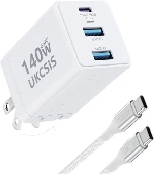 140W USB C Charger Block - UKCSIS 3-Port GaN Fast Chargers, Foldable USB C Wall Charger, Compact 100W Laptop Adapter, for MacBook Pro/Air, iPad Pro, Galaxy S23, iPhone 16/15/Pro, White