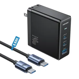 140W USB-C Laptop Charger Block: NOHON PD 3.0 GaN Laptop Wall Block | Foldable Plug with 140W PD3.1 Type-C Cable 3.93ft | 3-Port Compatible with MacBook Pro ipad iPhone 12 13 14 15 Galaxy S23