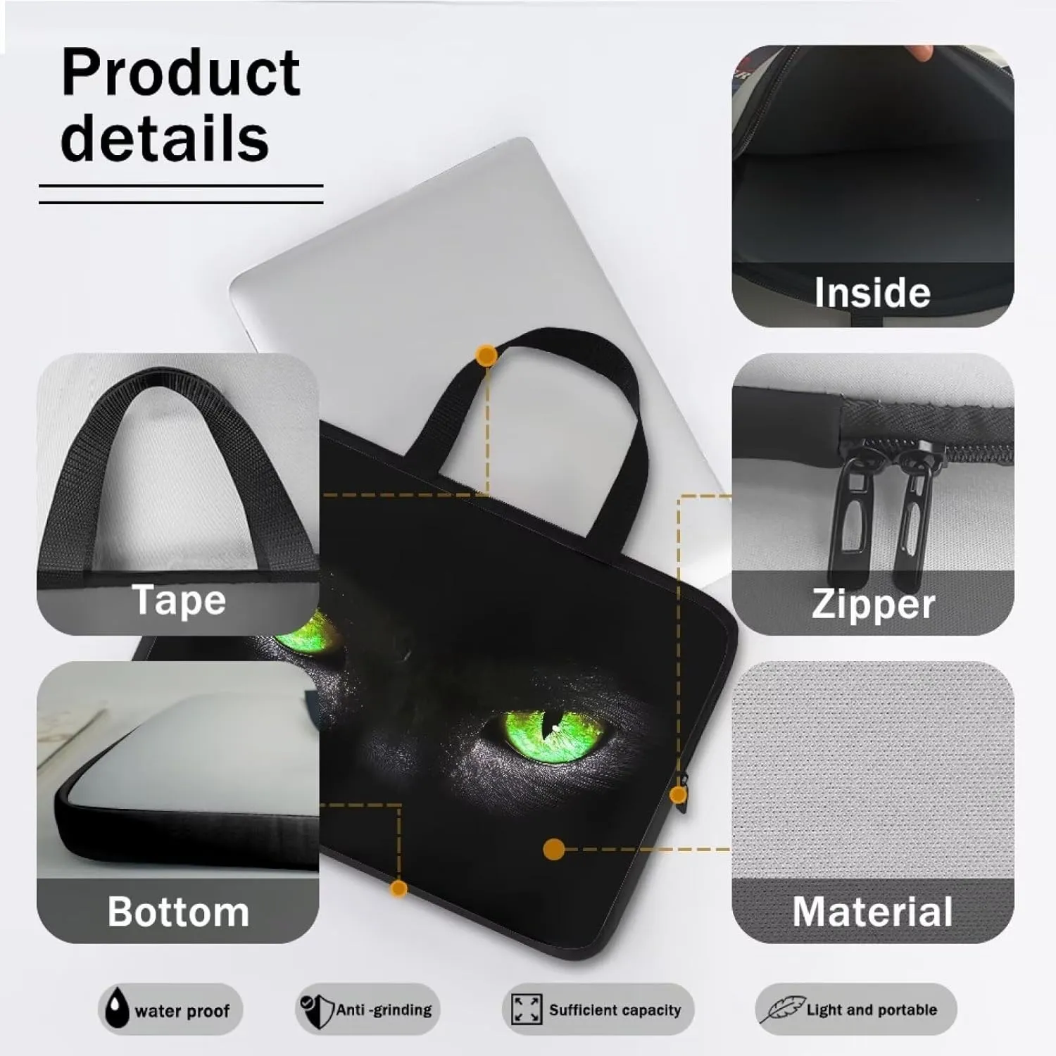 15 Inch Laptop Sleeve, Black Cat Green Eyes Laptop Cover Computer Bag Tablet Carrying Case with Handle, Funny Printed Notebook Case Handbag Briefcase Shoulder Bag for Office/School