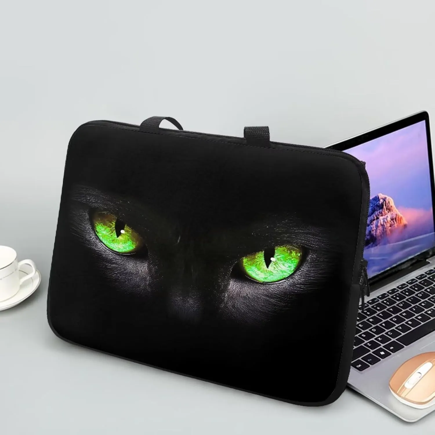 15 Inch Laptop Sleeve, Black Cat Green Eyes Laptop Cover Computer Bag Tablet Carrying Case with Handle, Funny Printed Notebook Case Handbag Briefcase Shoulder Bag for Office/School