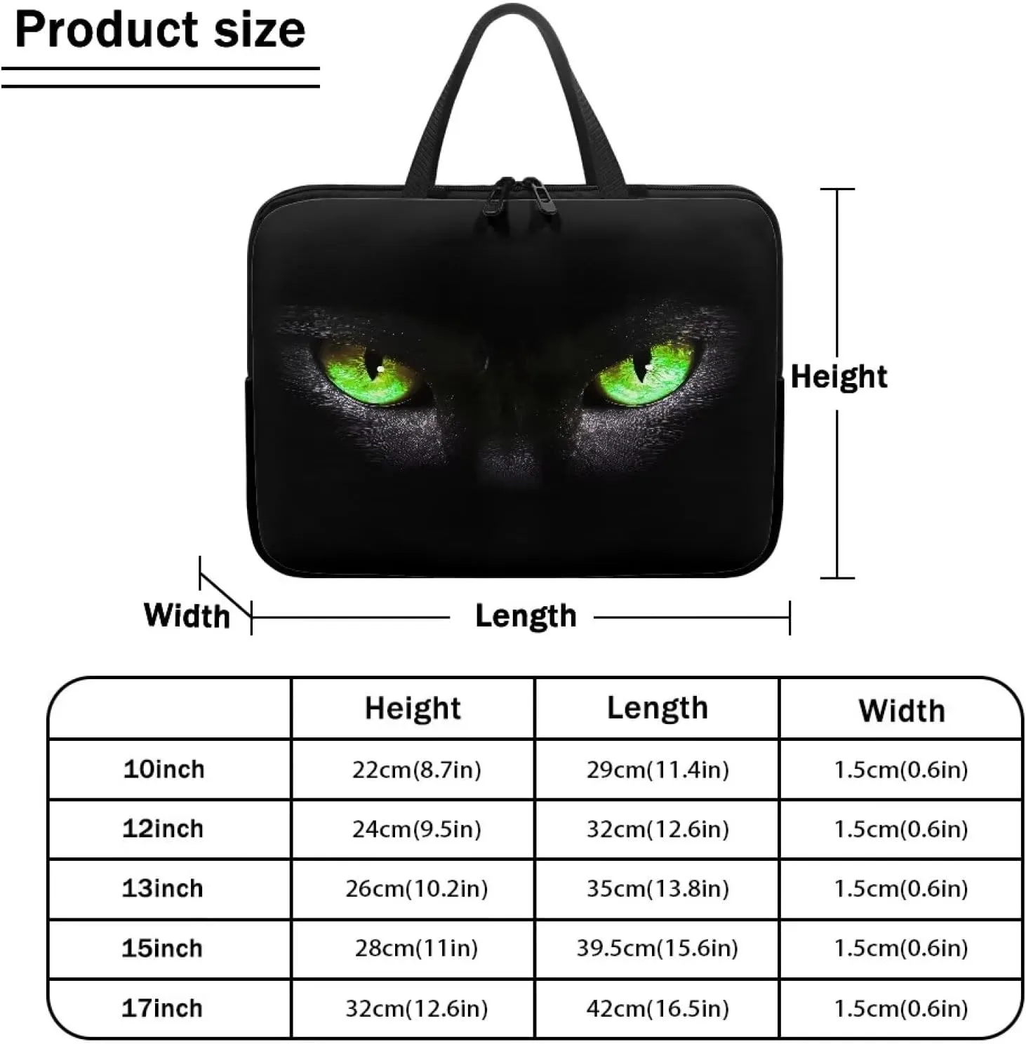 15 Inch Laptop Sleeve, Black Cat Green Eyes Laptop Cover Computer Bag Tablet Carrying Case with Handle, Funny Printed Notebook Case Handbag Briefcase Shoulder Bag for Office/School