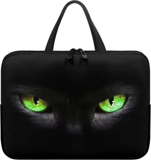 15 Inch Laptop Sleeve, Black Cat Green Eyes Laptop Cover Computer Bag Tablet Carrying Case with Handle, Funny Printed Notebook Case Handbag Briefcase Shoulder Bag for Office/School