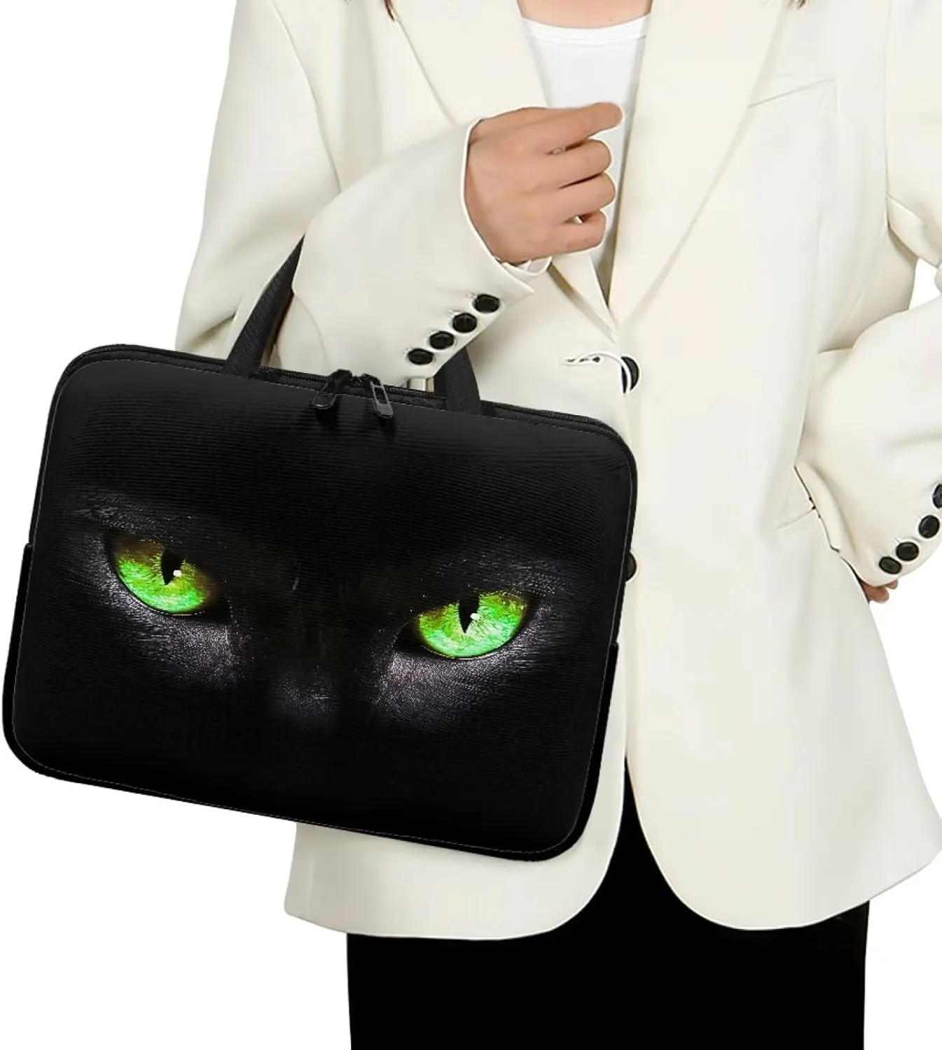 15 Inch Laptop Sleeve, Black Cat Green Eyes Laptop Cover Computer Bag Tablet Carrying Case with Handle, Funny Printed Notebook Case Handbag Briefcase Shoulder Bag for Office/School
