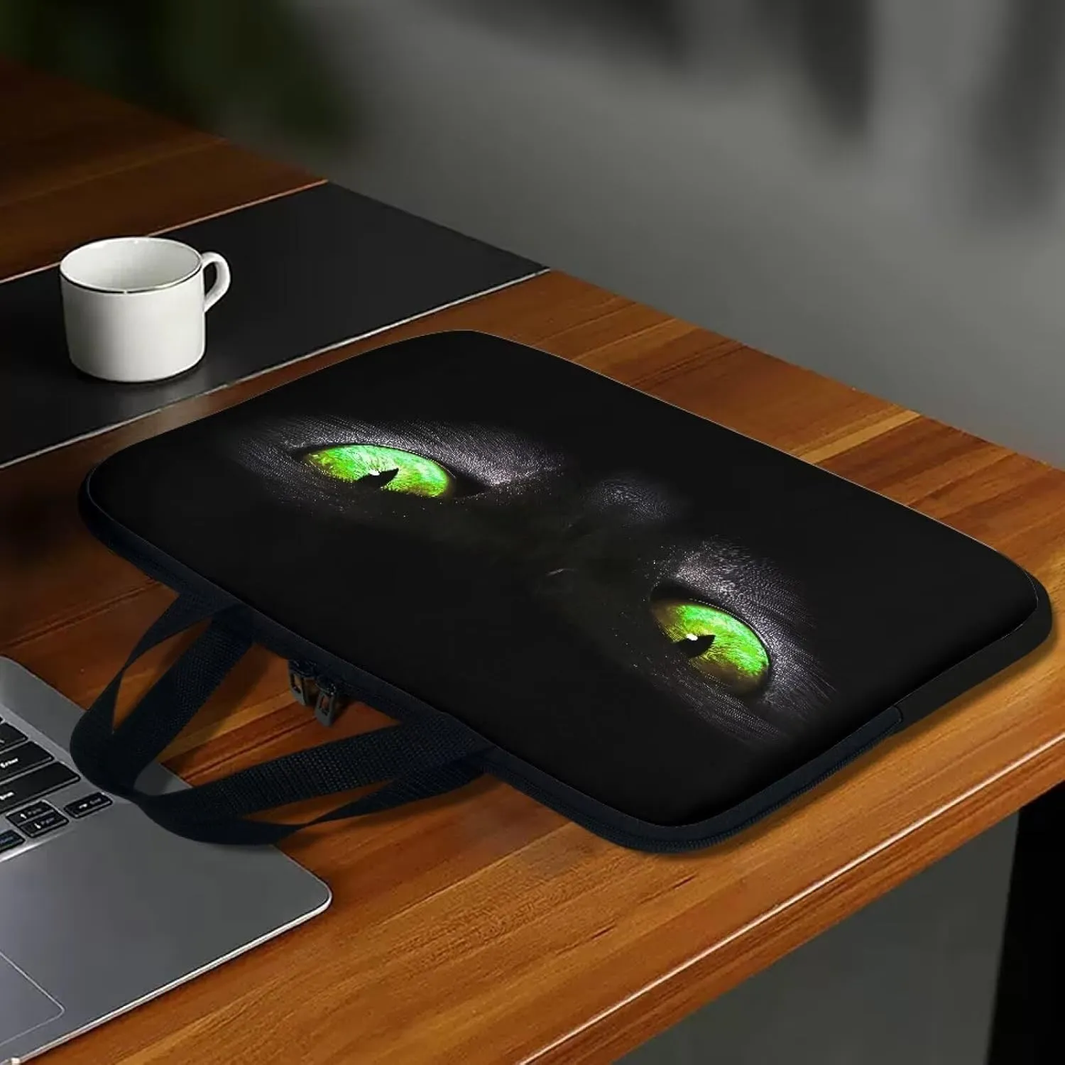 15 Inch Laptop Sleeve, Black Cat Green Eyes Laptop Cover Computer Bag Tablet Carrying Case with Handle, Funny Printed Notebook Case Handbag Briefcase Shoulder Bag for Office/School