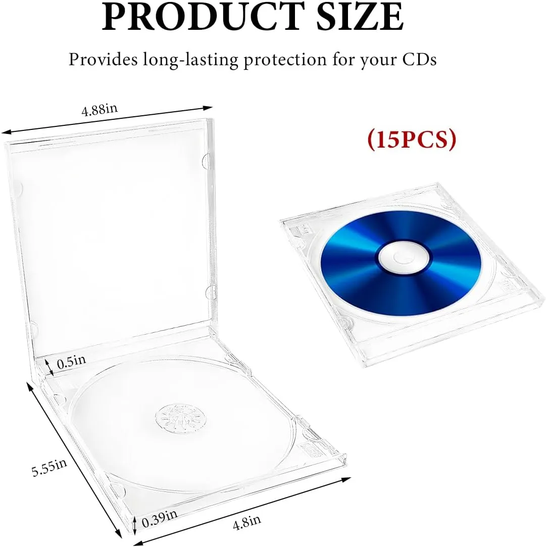 15 PCS Standard Single Clear CD Jewel Case, Plastic Dustproof Classic Design CD Cases, Compact CD DVD Cover with Assembled Transparent Tray for Protection & Replacement (Transparent, Style1)