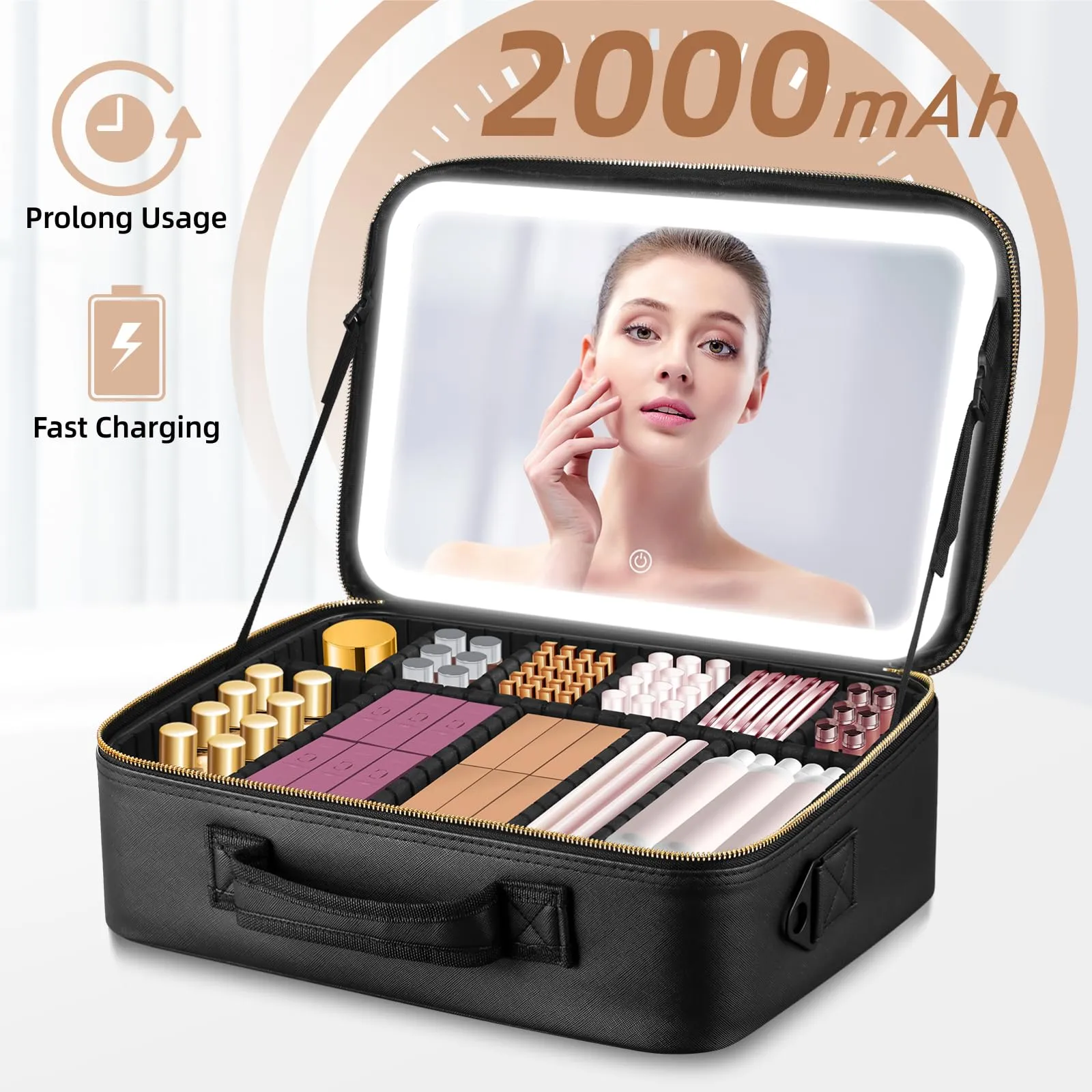 15''X11'' Large Capacity Makeup Bag with LED Mirror, Professional Makeup Case Organizer with 3 Color Light Adjustable Brightness, Travel Make up Cosmetic Case with Detachable Dividers & Shoulder Strap