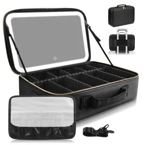 15''X11'' Large Capacity Makeup Bag with LED Mirror, Professional Makeup Case Organizer with 3 Color Light Adjustable Brightness, Travel Make up Cosmetic Case with Detachable Dividers & Shoulder Strap