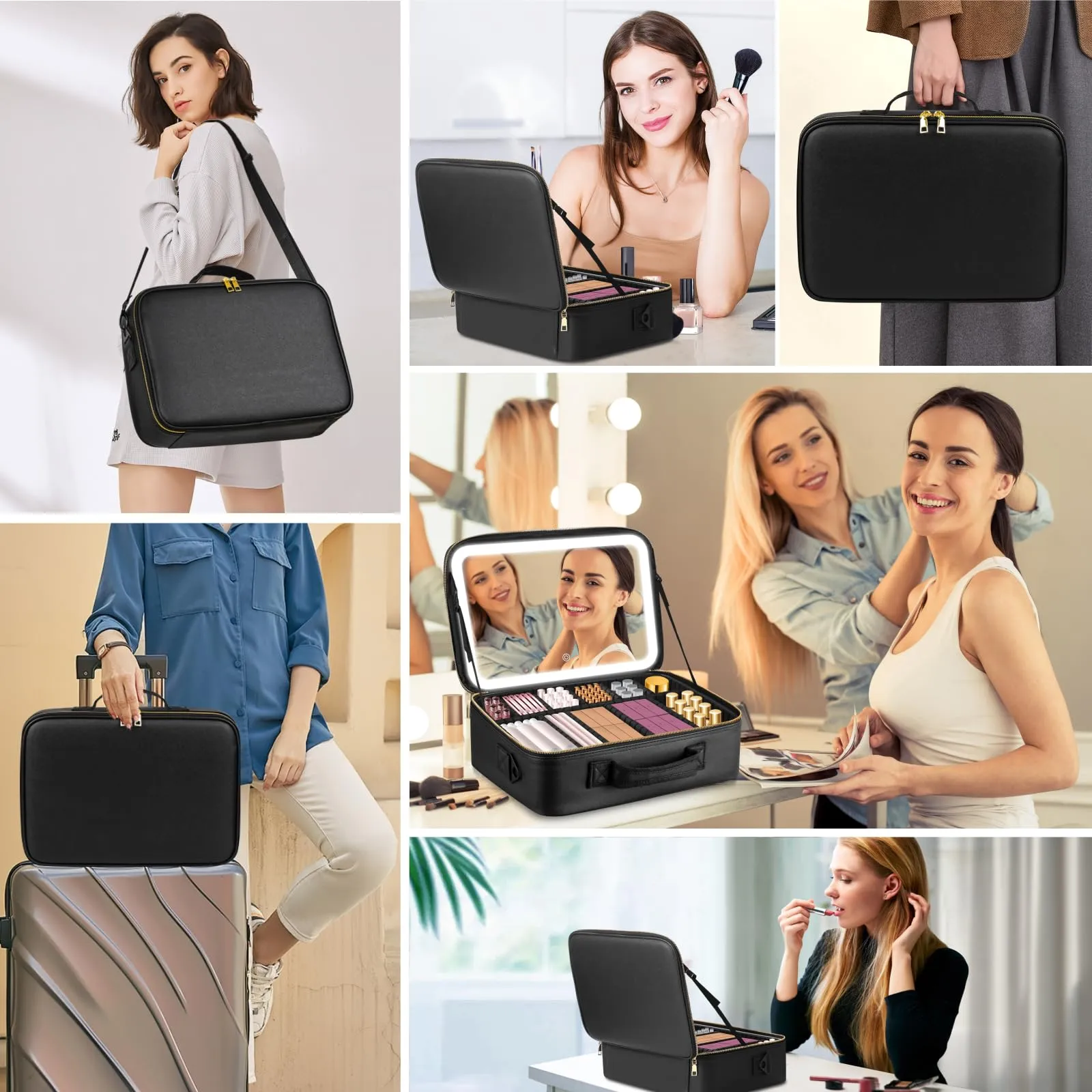 15''X11'' Large Capacity Makeup Bag with LED Mirror, Professional Makeup Case Organizer with 3 Color Light Adjustable Brightness, Travel Make up Cosmetic Case with Detachable Dividers & Shoulder Strap