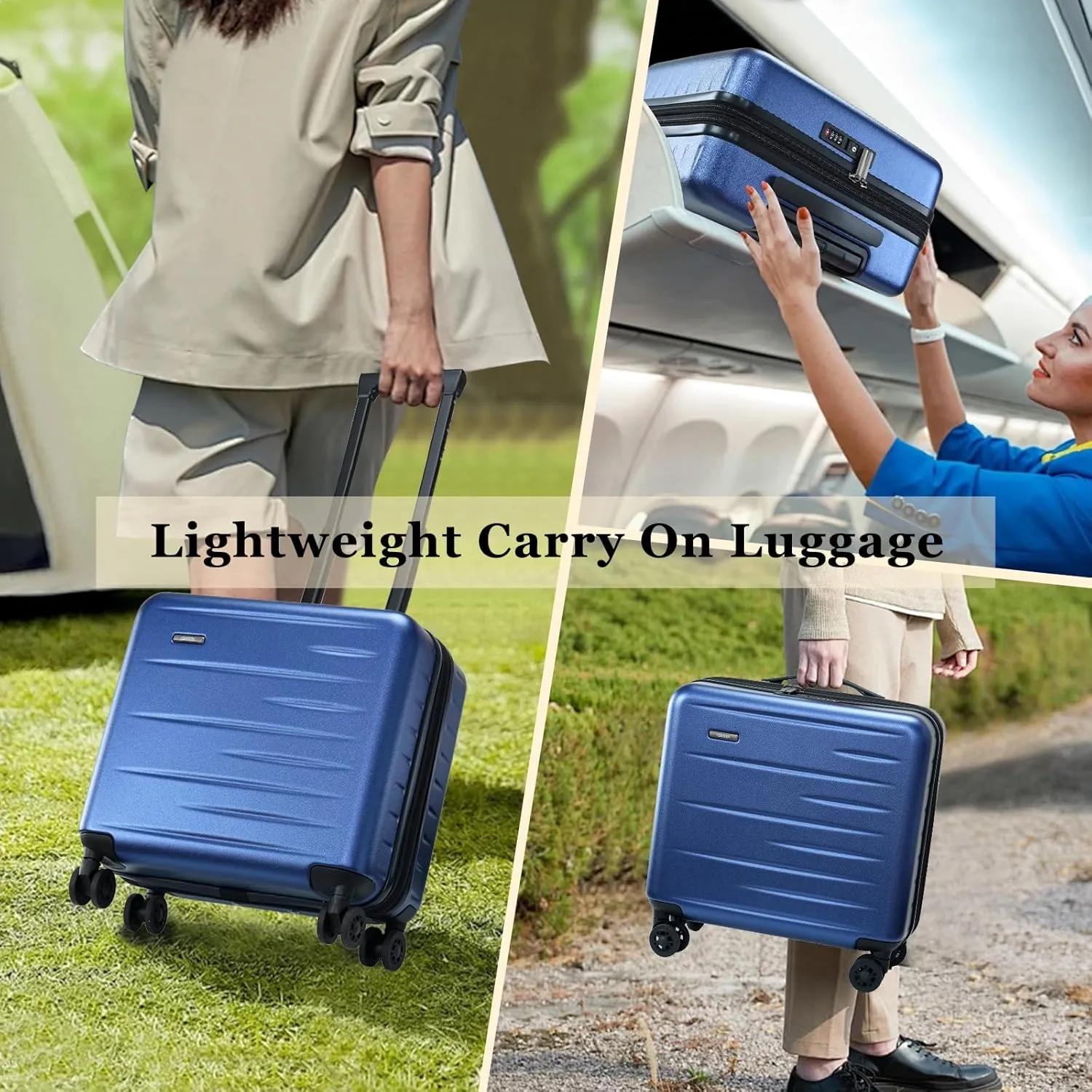 16 Inch Carry On Luggage Airline Approved, Expandable Lightweight ABS PC Hard Shell Suitcases with 360° Spinner Wheels, TSA Lock, YKK Zippers (Navy Blue, 1 PC)