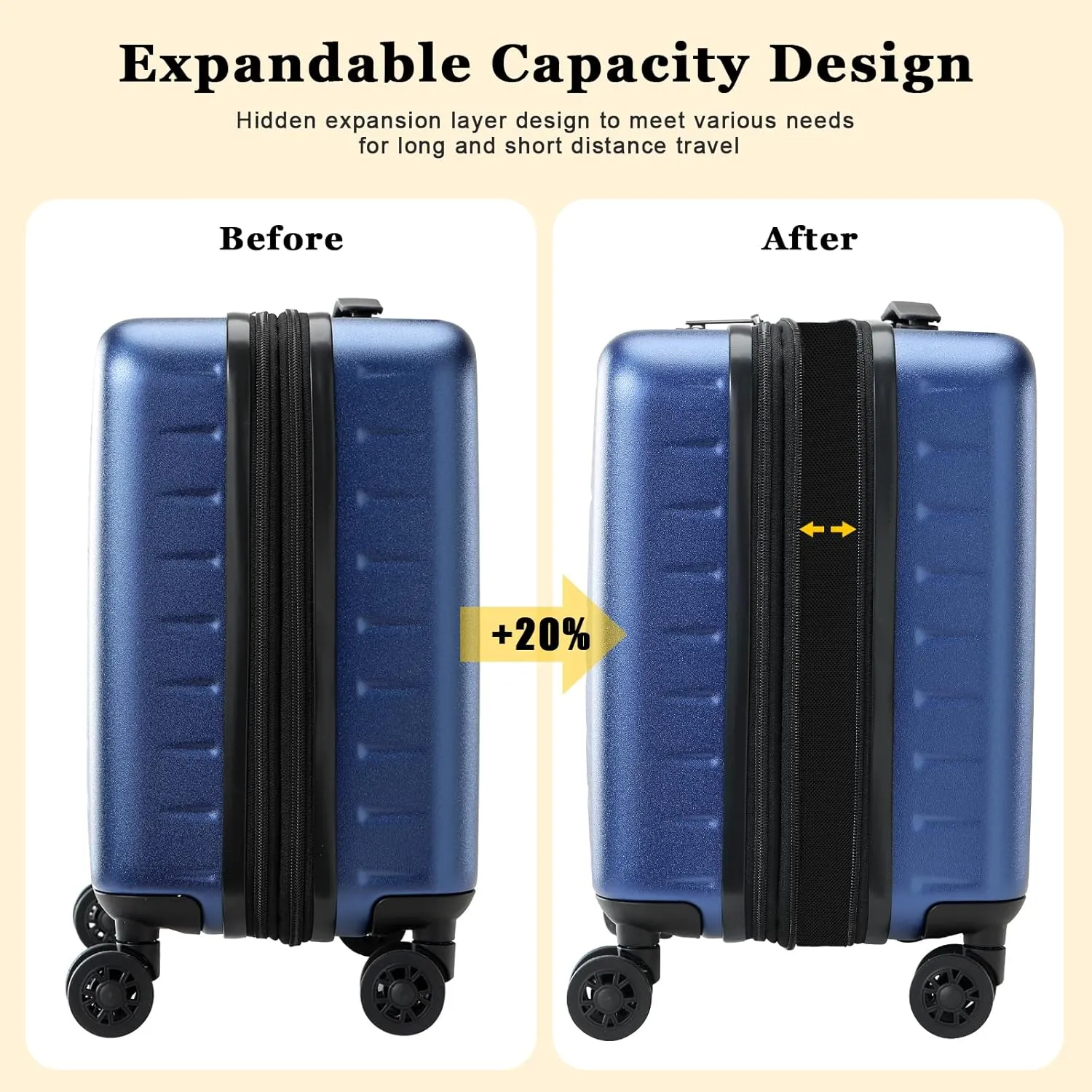16 Inch Carry On Luggage Airline Approved, Expandable Lightweight ABS PC Hard Shell Suitcases with 360° Spinner Wheels, TSA Lock, YKK Zippers (Navy Blue, 1 PC)