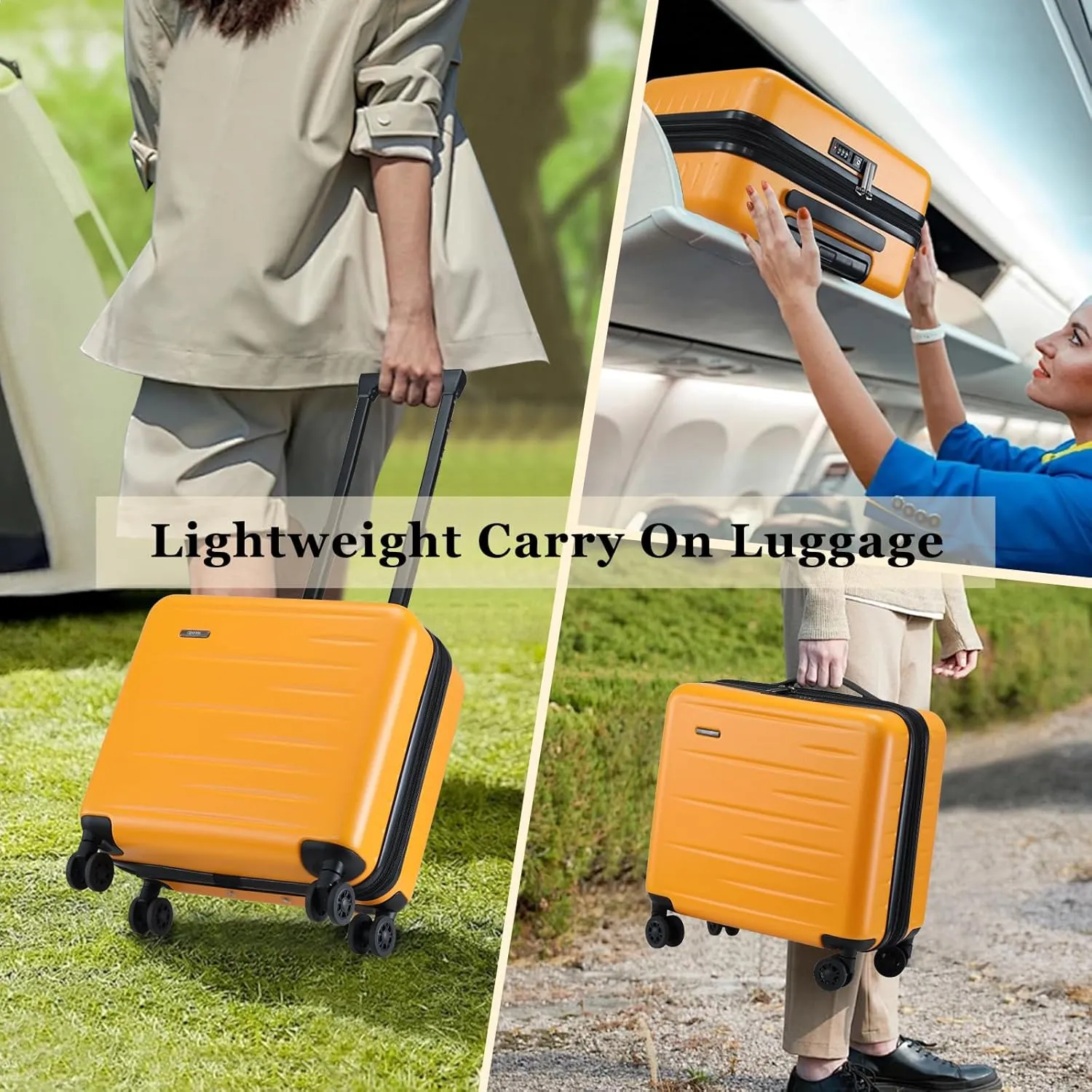 16 Inch Carry On Luggage Airline Approved, Expandable Lightweight ABS PC Hard Shell Suitcases with 360° Spinner Wheels, TSA Lock, YKK Zippers (Orange, 1 PC)
