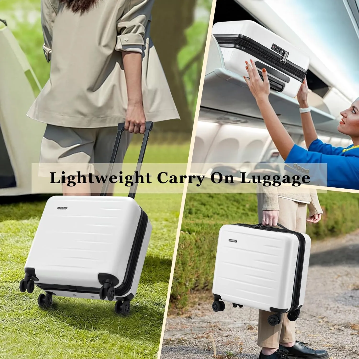 16 Inch Carry On Luggage Airline Approved, Expandable Lightweight ABS PC Hard Shell Suitcases with 360° Spinner Wheels, TSA Lock, YKK Zippers (White, 1 PC)