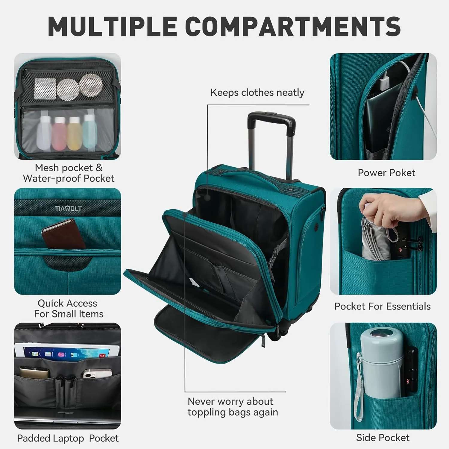 16 Inch Underseat Carry on Luggage With Wheels Softside Lightweight Compact Business Suitcases Travel Bag with Spinner Wheels Airline Approved Luggage for Short Trip,Green