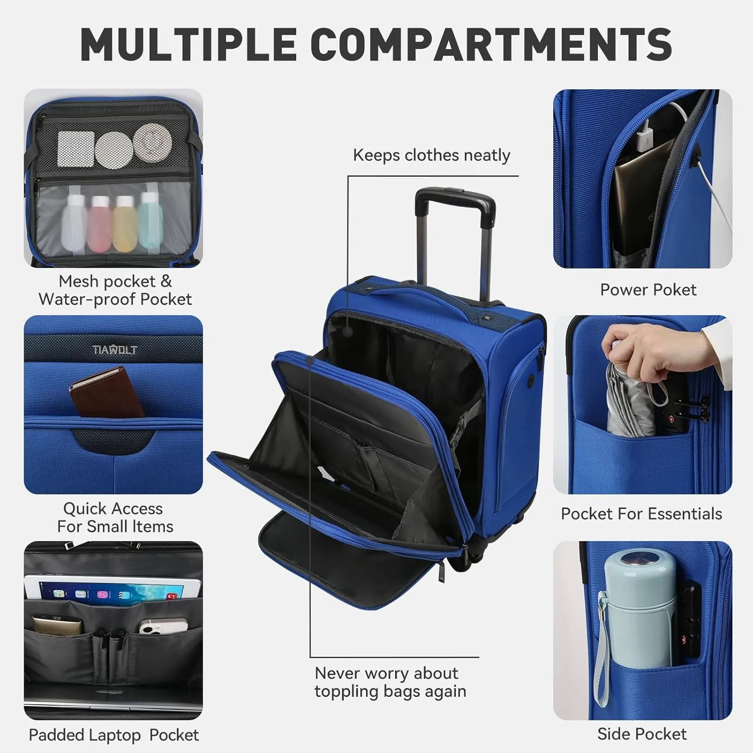 16 Inch Underseat Carry on Luggage With Wheels Weekender Overnight Business Travel Bag Suit cases Mini Suitcases with Wheels Under Seat Bag for Airlines,Blue