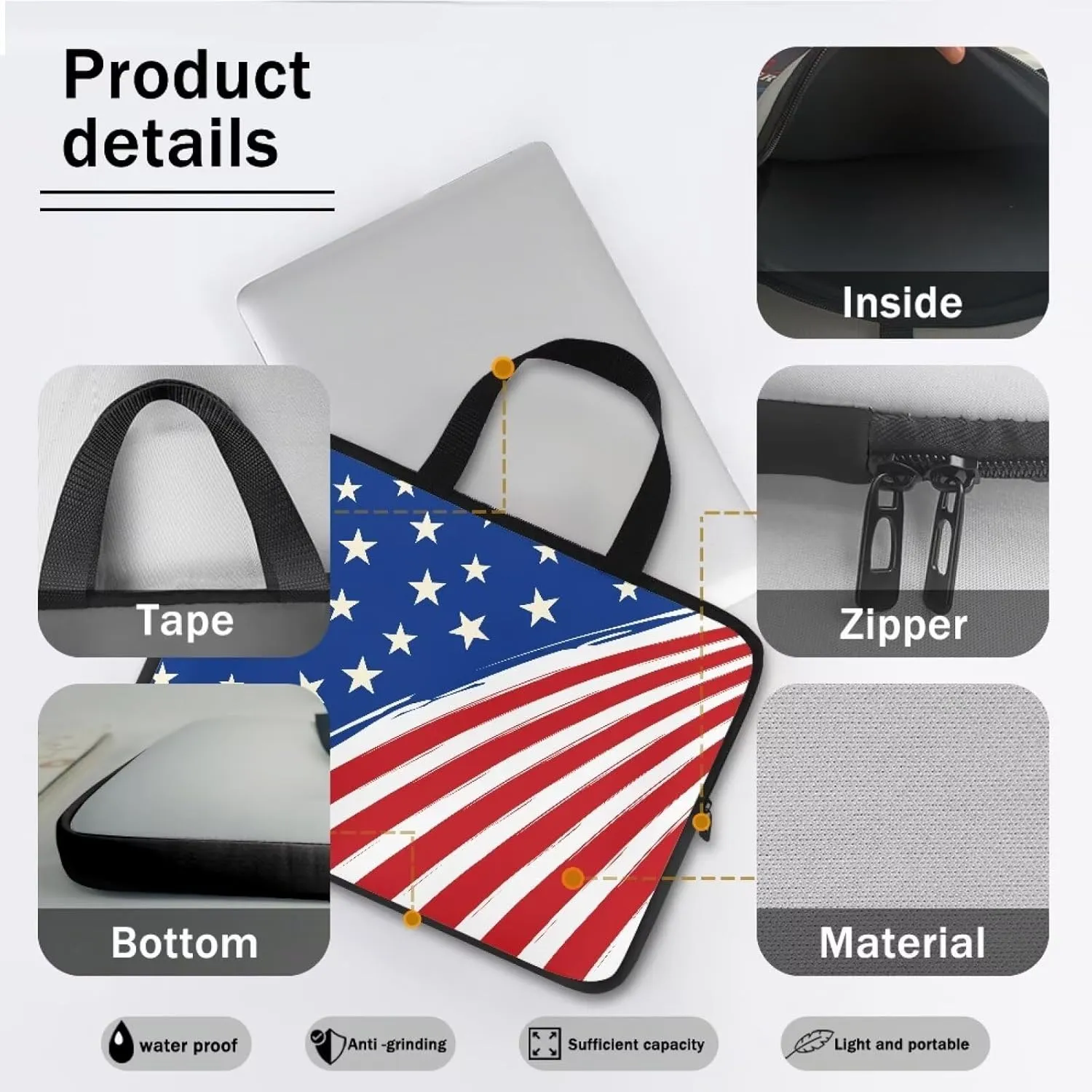 17 Inch American Flag Laptop Sleeve, Red White and Blue Laptop Cover Computer Bag Tablet Carrying Case, Zipper Tote Bags Notebook Sleeves Independence Day Gifts for Men Women