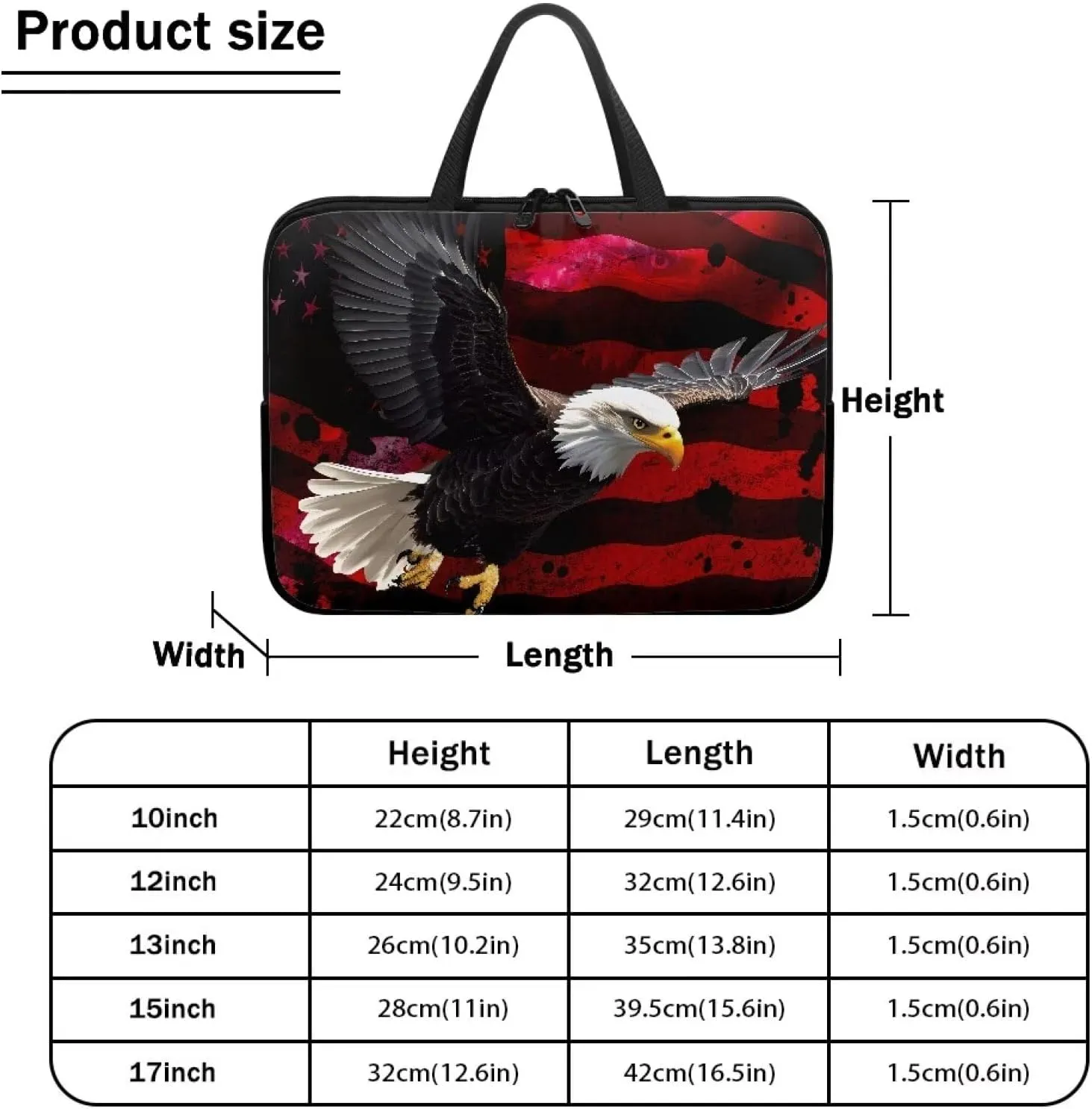 17 Inch American USA Flag Eagle Laptop Sleeve, Protective Tablet Case with Handle, Patriotic Computer Bag Carrying Case Notebook Cover Messenger Briefcase for Travel/Business/School