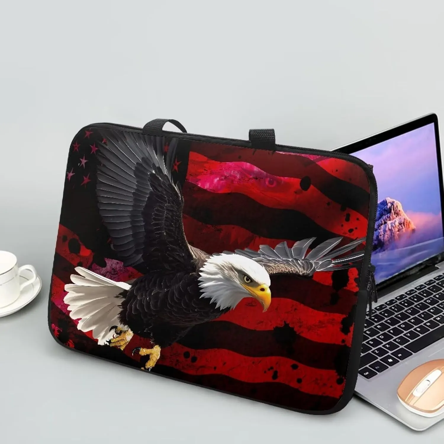 17 Inch American USA Flag Eagle Laptop Sleeve, Protective Tablet Case with Handle, Patriotic Computer Bag Carrying Case Notebook Cover Messenger Briefcase for Travel/Business/School