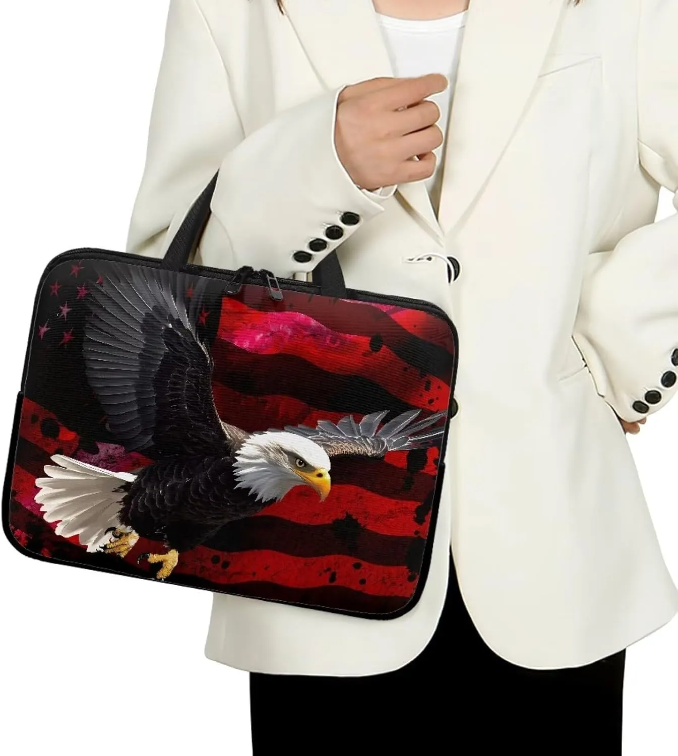 17 Inch American USA Flag Eagle Laptop Sleeve, Protective Tablet Case with Handle, Patriotic Computer Bag Carrying Case Notebook Cover Messenger Briefcase for Travel/Business/School