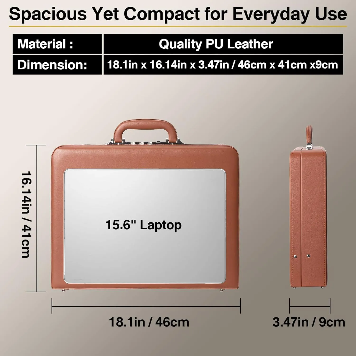 17.5x13.5x3.5 Inch Locking Briefcase - Longwave Lock Brief Case for Men, PU Leather Hard Case, Attache Case for Laptop Document Phone Passport, Brown