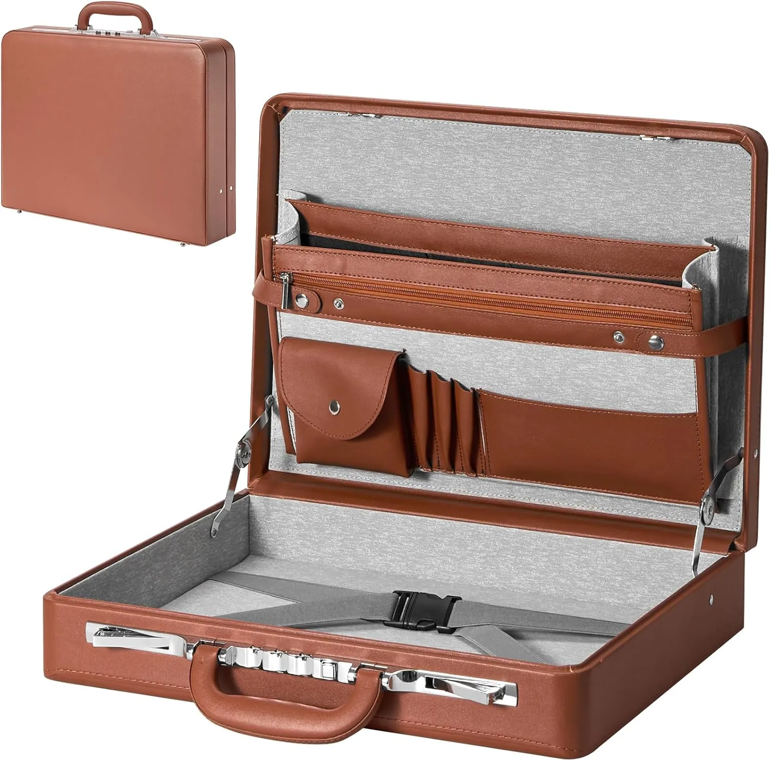 17.5x13.5x3.5 Inch Locking Briefcase - Longwave Lock Brief Case for Men, PU Leather Hard Case, Attache Case for Laptop Document Phone Passport, Brown