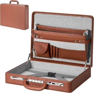 17.5x13.5x3.5 Inch Locking Briefcase - Longwave Lock Brief Case for Men, PU Leather Hard Case, Attache Case for Laptop Document Phone Passport, Brown