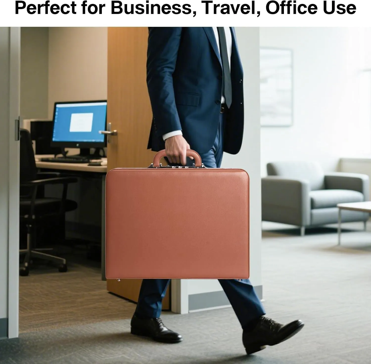 17.5x13.5x3.5 Inch Locking Briefcase - Longwave Lock Brief Case for Men, PU Leather Hard Case, Attache Case for Laptop Document Phone Passport, Brown