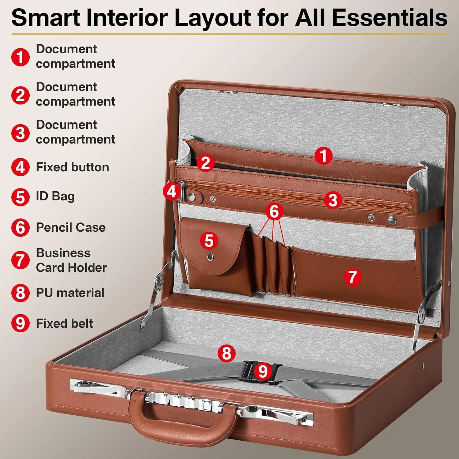 17.5x13.5x3.5 Inch Locking Briefcase - Longwave Lock Brief Case for Men, PU Leather Hard Case, Attache Case for Laptop Document Phone Passport, Brown