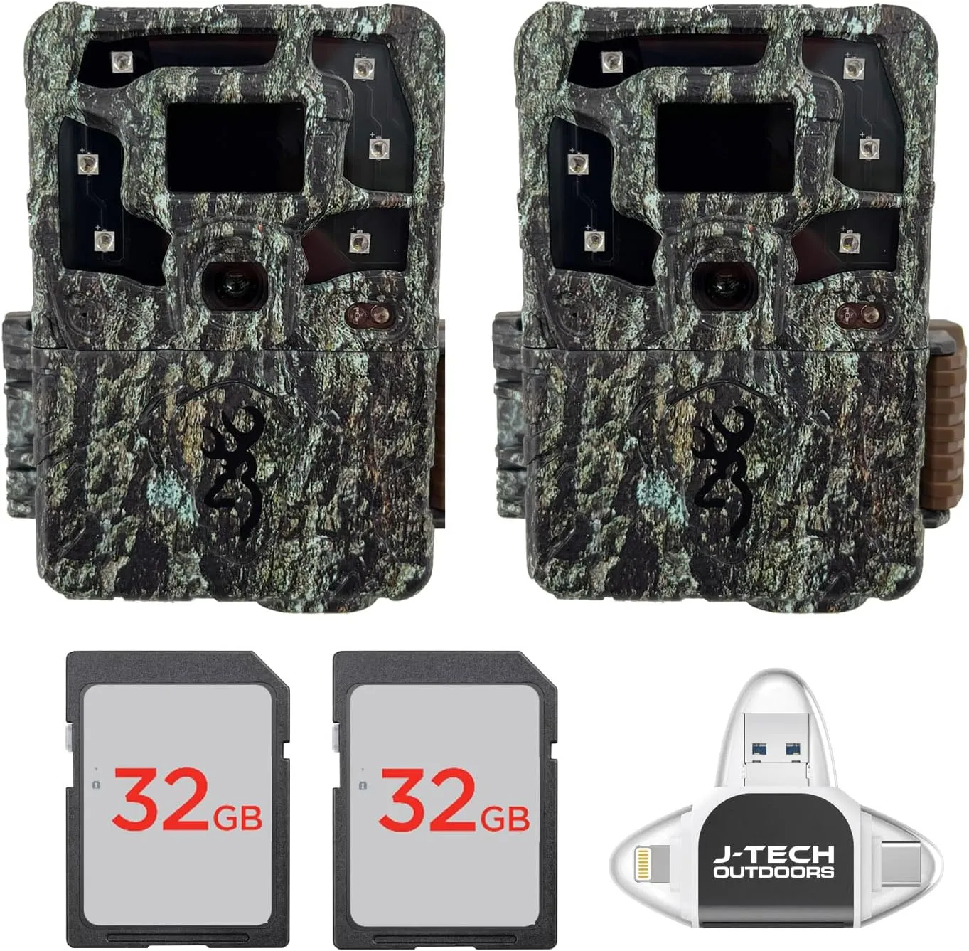(2) Browning Strike Force Pro X 1080 Trail Game Camera Bundle Includes 32GB Memory Cards and J-TECH USB Memory Card Reader Compatible with iPhone/iPad/Android/PC (24MP) | BTC5PX1080