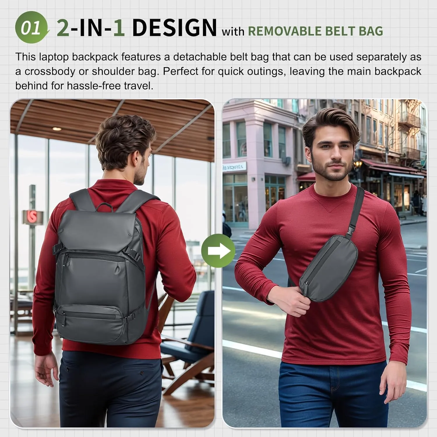 2 in 1 Travel Backpack, Lightweight Fit in 17" Laptop Backpack with Removable Belt Bag, Waterproof Day Trip Bag, Gray