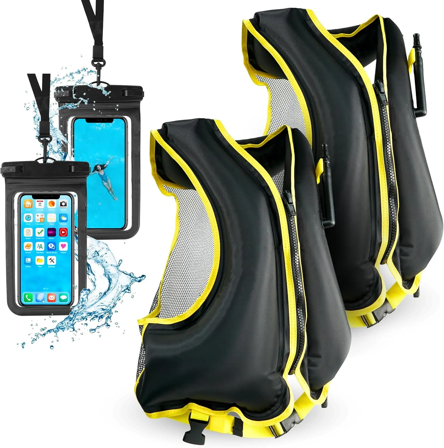 2 Inflatable Snorkel Vests for Adults with 2 Waterproof Phone Cases – Adjustable Snorkeling Vests – 68-220 lbs – Kayaking, Swimming, Paddle Boarding