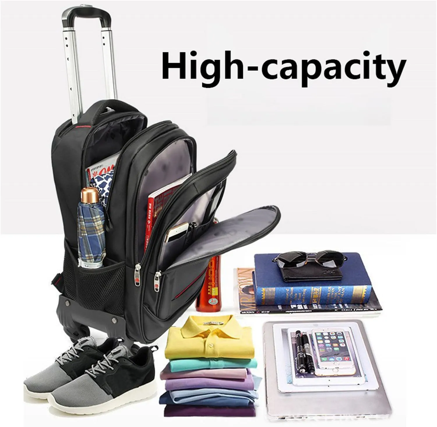 22in Rolling Backpack with 360 Detachable Wheels for Men Women Airline Approved Carry on Large Size Laptop Travel Business Luggage Bag (Black,22in)