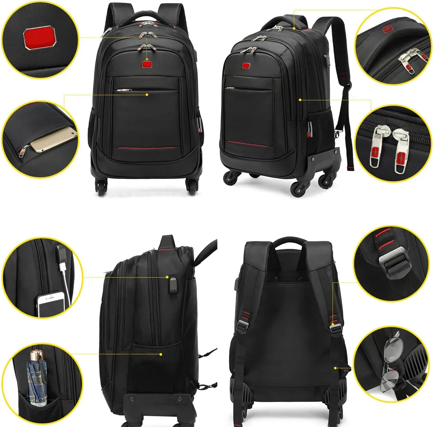 22in Rolling Backpack with 360 Detachable Wheels for Men Women Airline Approved Carry on Large Size Laptop Travel Business Luggage Bag (Black,22in)