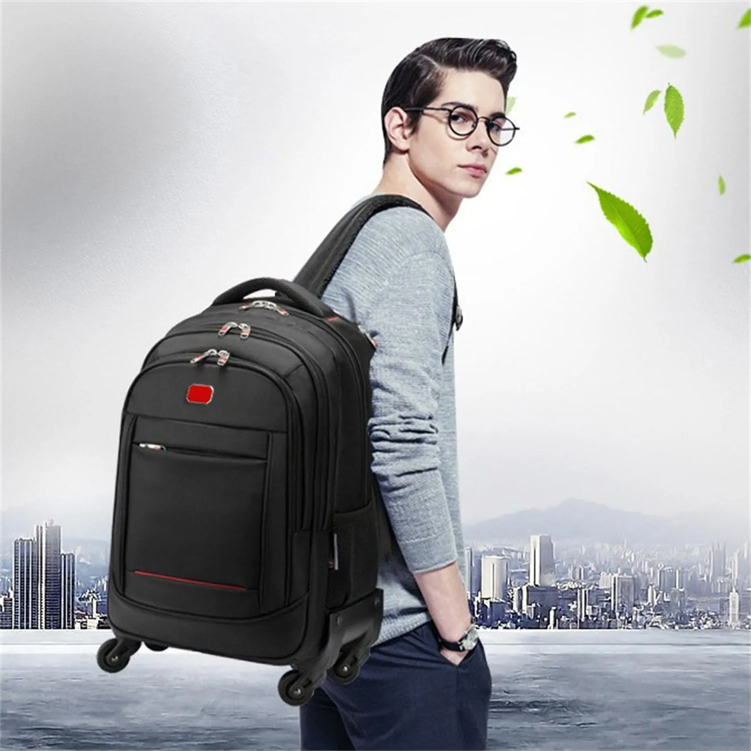 22in Rolling Backpack with 360 Detachable Wheels for Men Women Airline Approved Carry on Large Size Laptop Travel Business Luggage Bag (Black,22in)