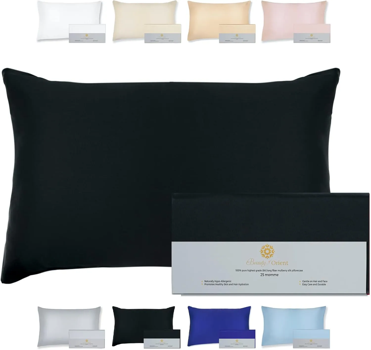 25 Momme Premium Mulberry Black Silk Pillowcase for Hair and Skin | Handcrafted Hypoallergenic & Anti-Acne Silk Pillow Cases with Zipper | King - 20" x 36", Midnight