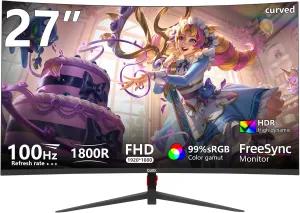 27 inch Curved Monitor 100Hz Computer MonitorFHD 1080p,HDR,99% sRGB,1800R,VESA Compatible,for Tablet,Desktop,Narrow Bezels on Three Sides, Blue Light Filter,Laptop and PC Work Gaming