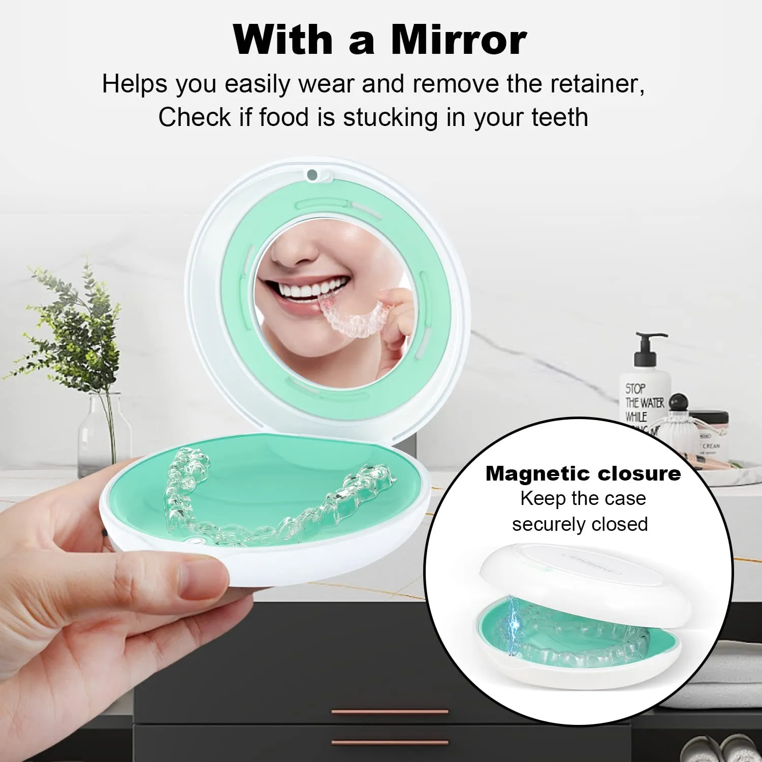 2PCS Retainer Case with Mirror and Adjustable Vent Holes, Cute Slim Aligner Case Compatible with Invisalign, Night Mouth Guard Case, With Retainer Remover Tool, Chew & Brush, White White