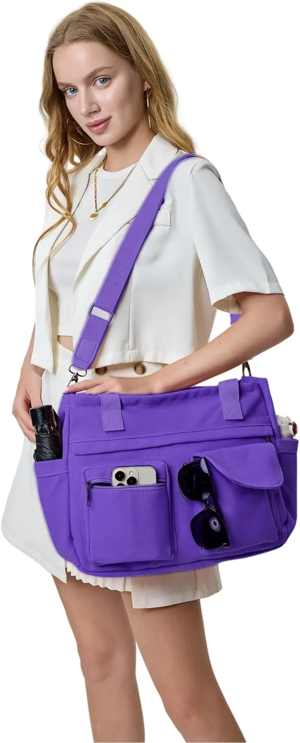 2Pcs/Set Large Canvas Tote Bag for Women, Laptop Work Bags Crossbody Shoulder Hobo Messenger Handbag Purse Travel Gym Totes