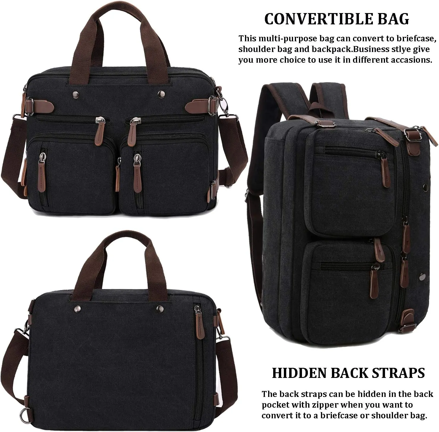 3 in 1 Convertible Laptop Backpack, 17.3 inch Messenger Bag for Men, Multi-Functional Travel Laptop Bag for College Men Women (17.3 Inch, Black)