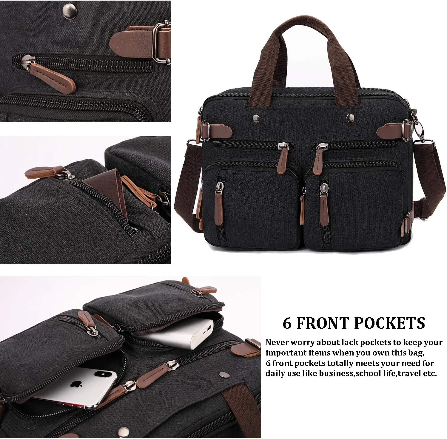 3 in 1 Convertible Laptop Backpack, 17.3 inch Messenger Bag for Men, Multi-Functional Travel Laptop Bag for College Men Women (17.3 Inch, Black)